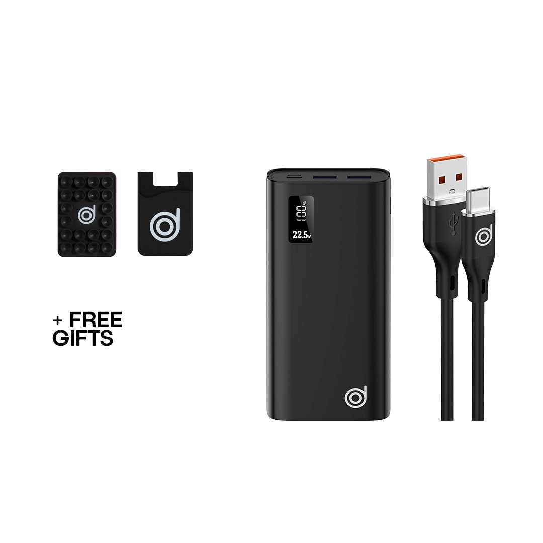 Gorilla Power Pack: Gorilla XE 22.5W Powerbank + Black A-C 1M Silicone Cable + FREE Black Silicone Suction Cups, Black Cardholder