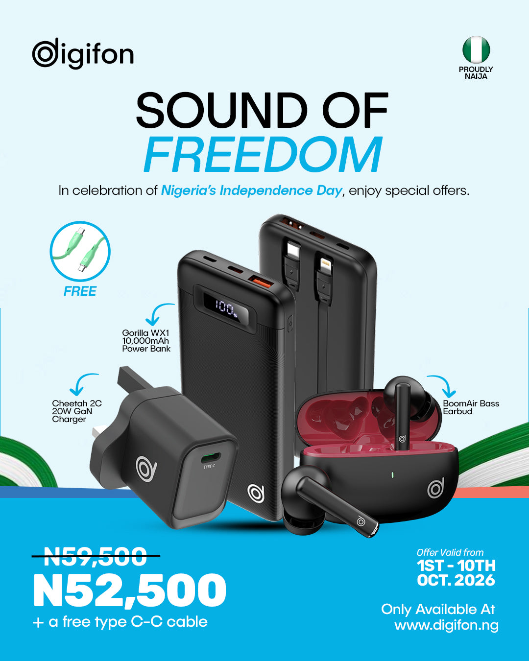 Sound of Freedom: BoomAir Bass + Gorilla WX1 10,000mAh Power Bank + Cheetah 2C 20W Charger + FREE C to C Cable