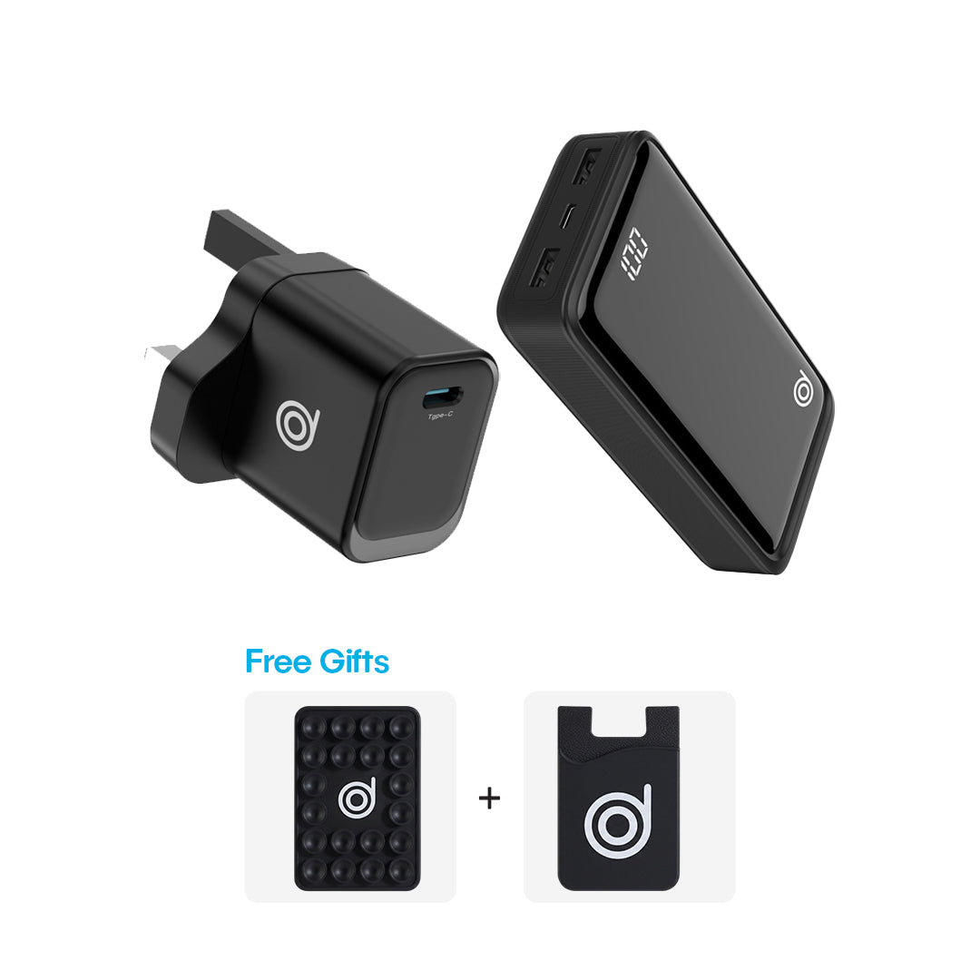 Ileya Mate Power Pack : Mate 2 Powerbank + Cheetah 2C single PD port wall charger + FREE Black Silicone Suction Cups, Black Cardholder